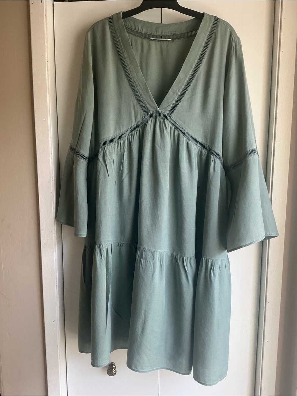 SACK’S Sage Green Ramie Viscose Blend Tiered Babydoll Boho Dress - Size M
